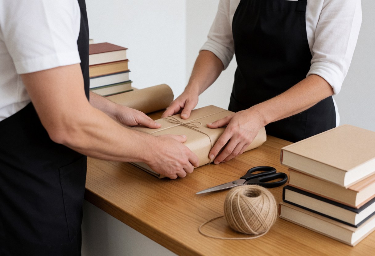 A book wrapped in kraft paper with twine sits on a wooden table, ready to be given as a gift in a bookstore setting