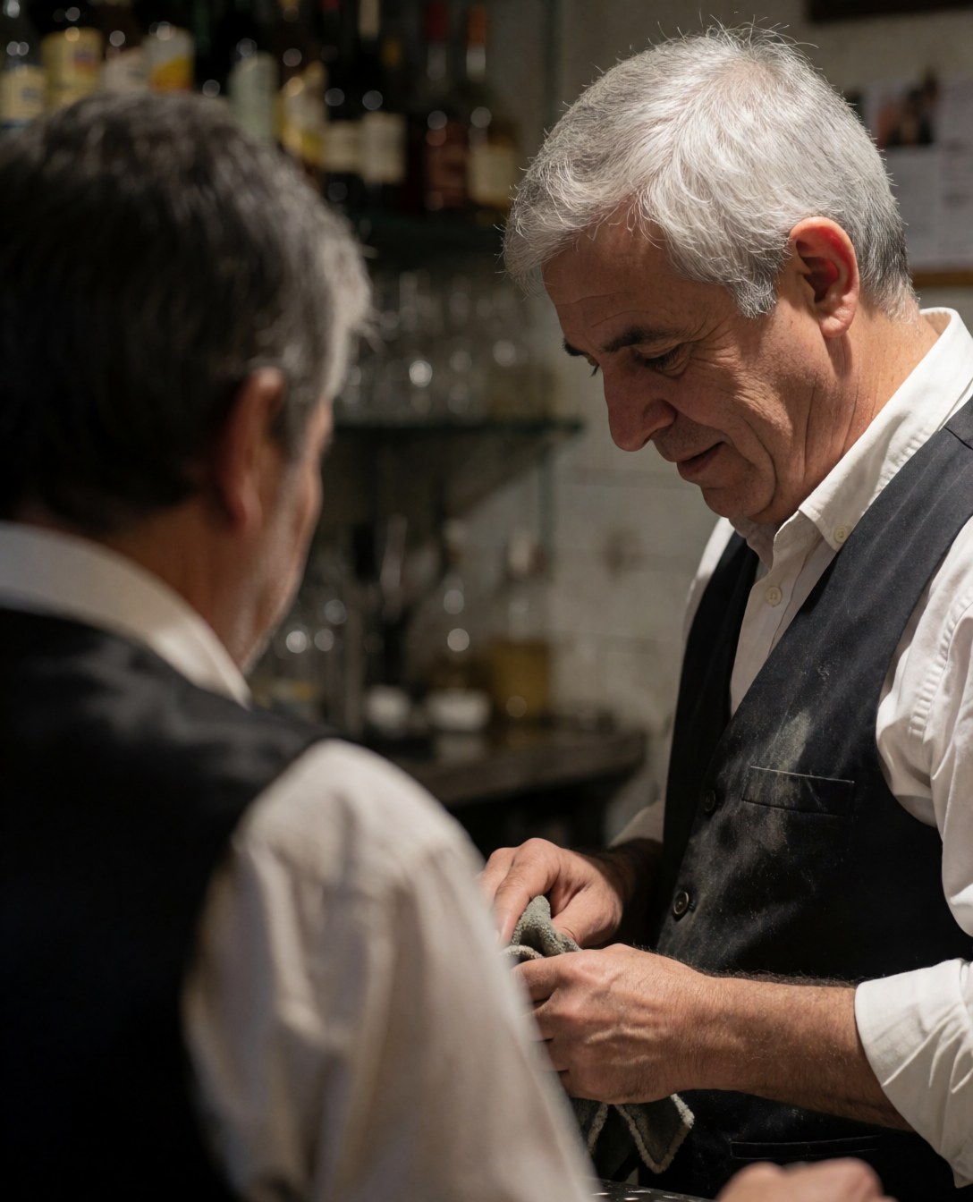An experienced bartender stands behind a well-stocked bar counter, preparing drinks with focused attention and professional demeanor in a dimly lit establishment.