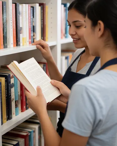A young woman reads a book in a quiet bookstore surrounded by shelves filled with books, creating a calm and educational atmosphere.