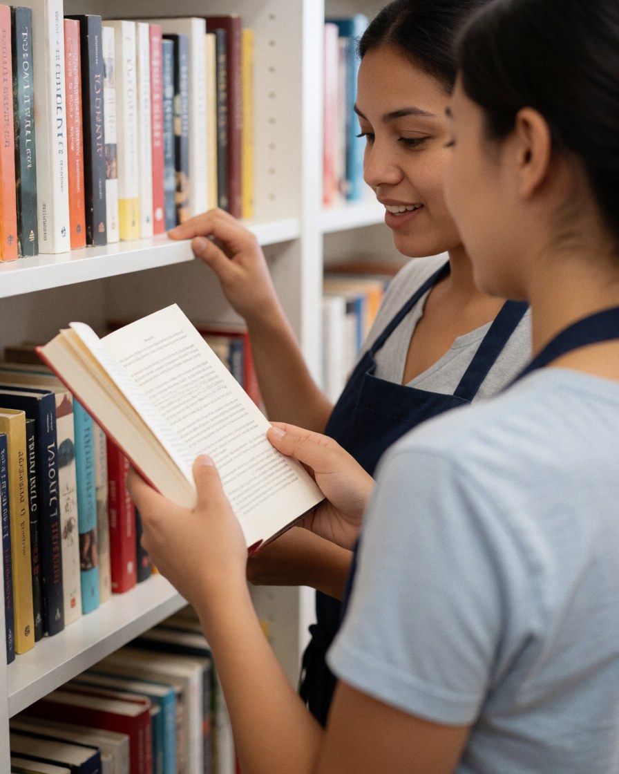 A young woman reads a book in a quiet bookstore surrounded by shelves filled with books, creating a calm and educational atmosphere.