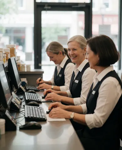 Smiling female receptionists in professional attire working at a computer in a clothing store reception area