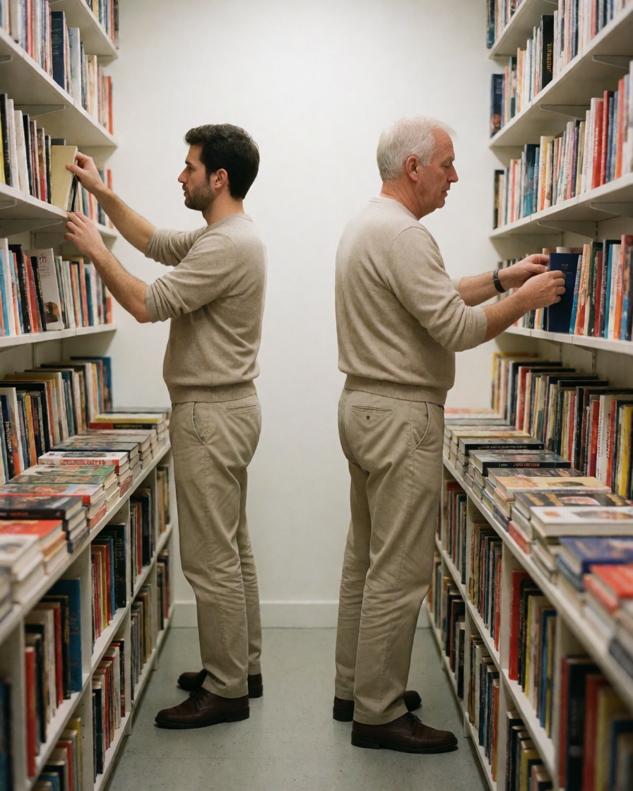 Two men standing in profile organizing books on shelves in a clean and tidy bookstore environment