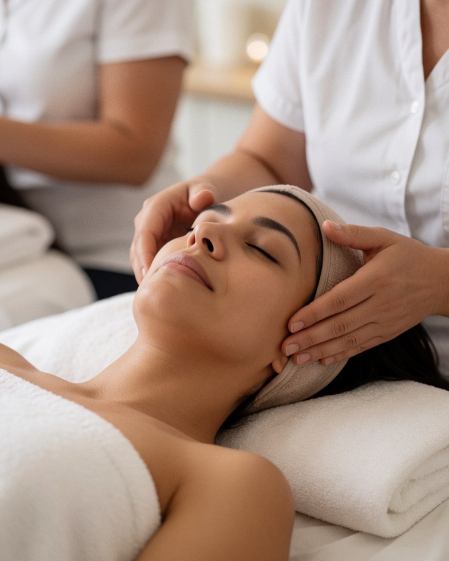 A happy client with closed eyes receives a facial massage. A professional's hands are on her head, with white towels and soft lighting creating a relaxed atmosphere.