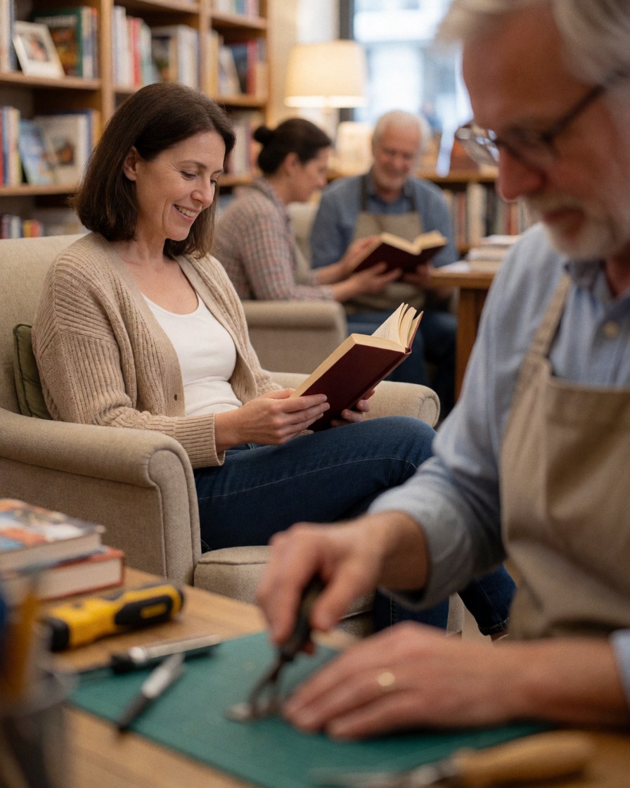 A smiling woman reads a book in a comfortable chair at a bookstore while others read and a man works with tools in the background.