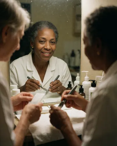An esthetician applies nail polish to a client's nails while looking into a mirror, surrounded by professional beauty tools and products under warm lighting.
