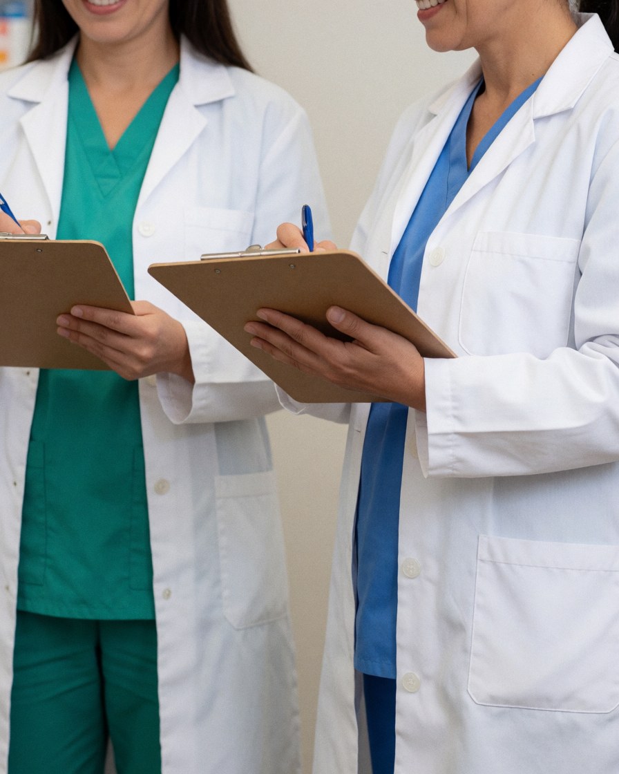 Two pharmacists in white coats writing on clipboards in a pharmacy setting with a neutral background