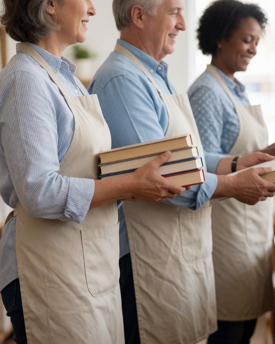Bookstore employees standing together in aprons and casual uniforms, prepared to assist customers in a retail environment