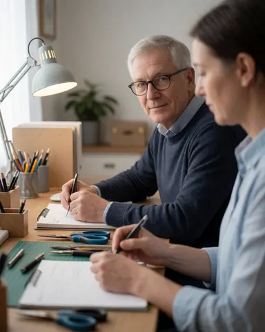 A senior expert working from home at a desk with a notebook, pencils, scissors, and plants, participating in a video call.