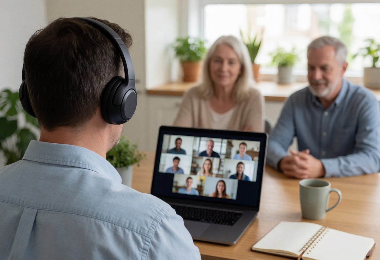 A person wearing headphones and using a laptop to join a video conference while sitting at a kitchen counter with a notebook and coffee cup nearby