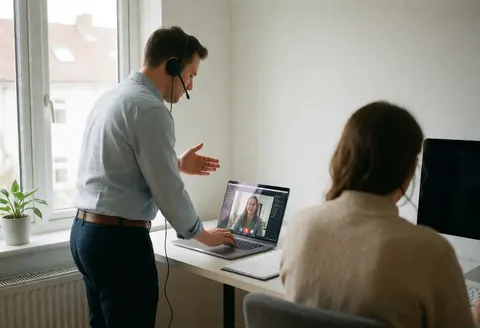 Man wearing a headset during a video conference in a bright modern office with natural light and a woman on a computer screen.