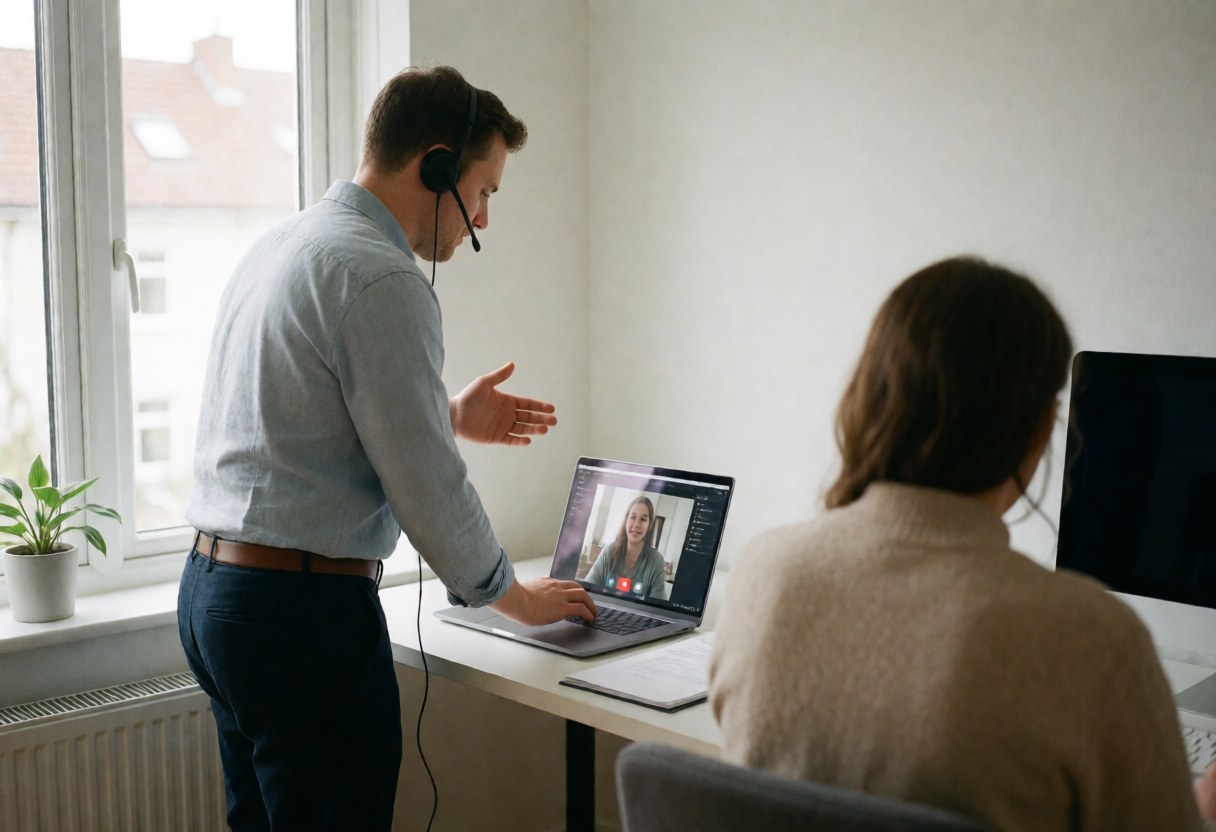 Man wearing a headset during a video conference in a bright modern office with natural light and a woman on a computer screen.