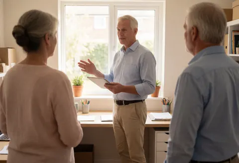 A senior consultant presents a strategy to two adults in a home office using a tablet, with natural light and plants creating a professional yet relaxed atmosphere.