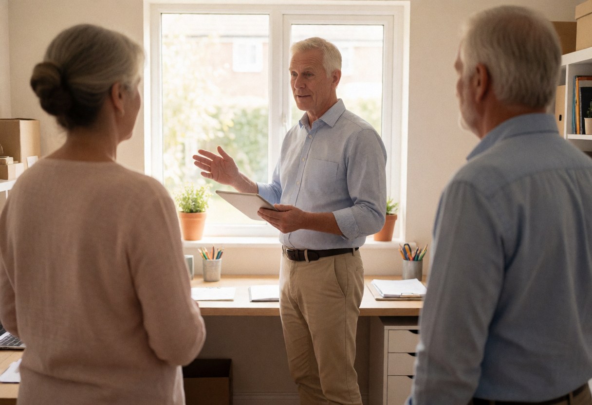 A senior consultant presents a strategy to two adults in a home office using a tablet, with natural light and plants creating a professional yet relaxed atmosphere.