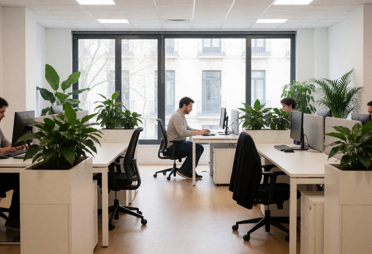 Bright modern coworking office interior with wooden desks, ergonomic chairs, indoor plants, and large windows letting in natural light for remote work and video calls