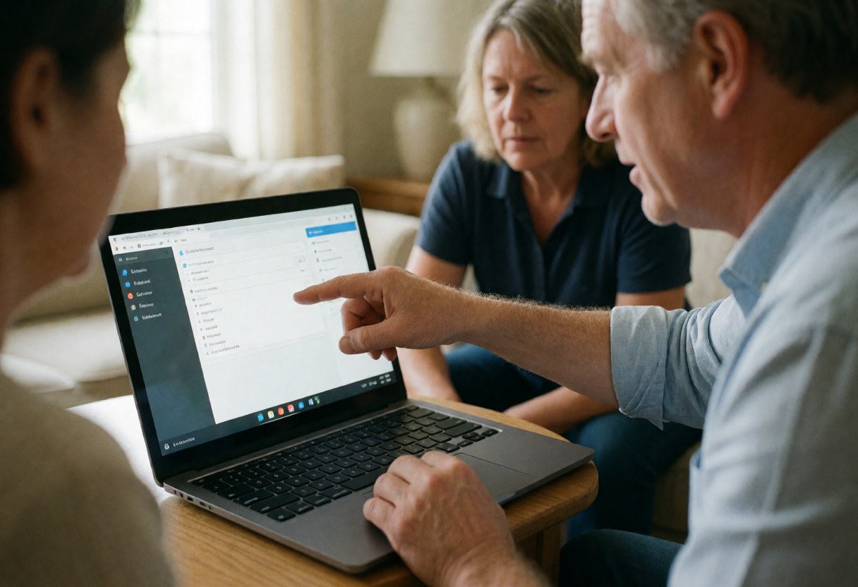 A professional explains software on a laptop during a video call with an attentive client in a warm living room.