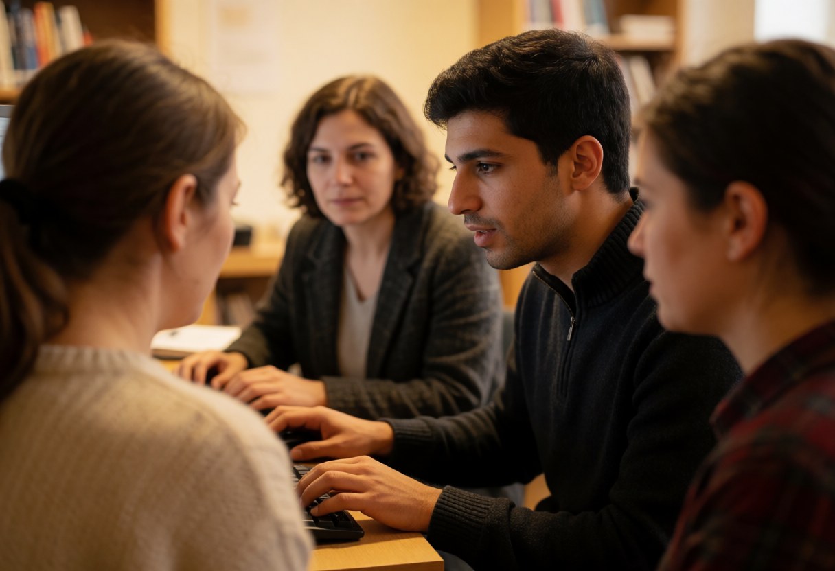 A young person helps another woman use a computer in a library, showing a supportive learning environment with books and warm lighting.