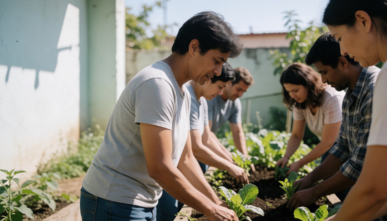 A group of diverse adults planting vegetables in a sunny community garden, working together in a collaborative and hopeful atmosphere.