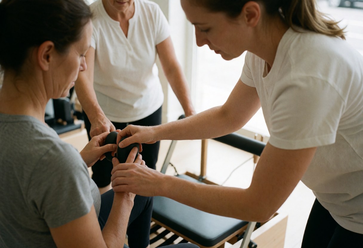 Pilates instructor adjusting a client's posture on a reformer machine in a yoga studio with natural light and another woman observing in the background