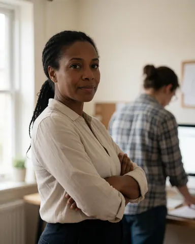 A professional woman with crossed arms stands in a home office, looking at the camera, while another person works in the background near a window.