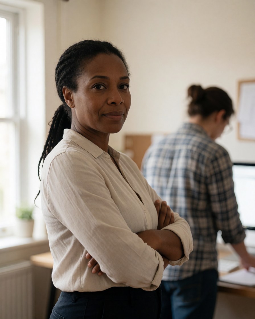 A professional woman with crossed arms stands in a home office, looking at the camera, while another person works in the background near a window.