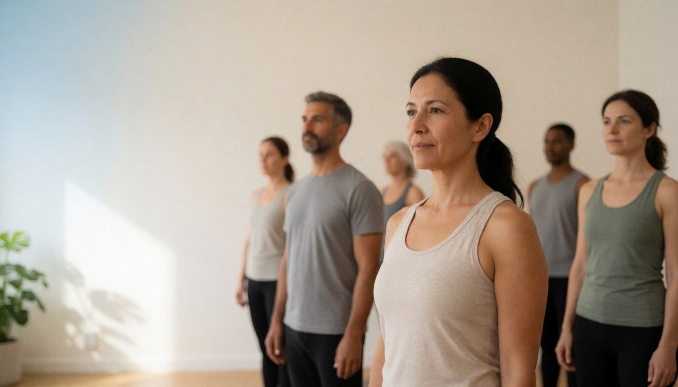 A group of men and women practicing yoga poses in a bright studio with plants and white walls