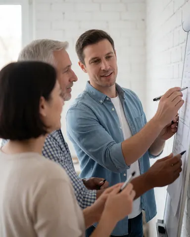 Three people working together on a whiteboard with markers in a modern office with white brick walls during a team planning meeting.