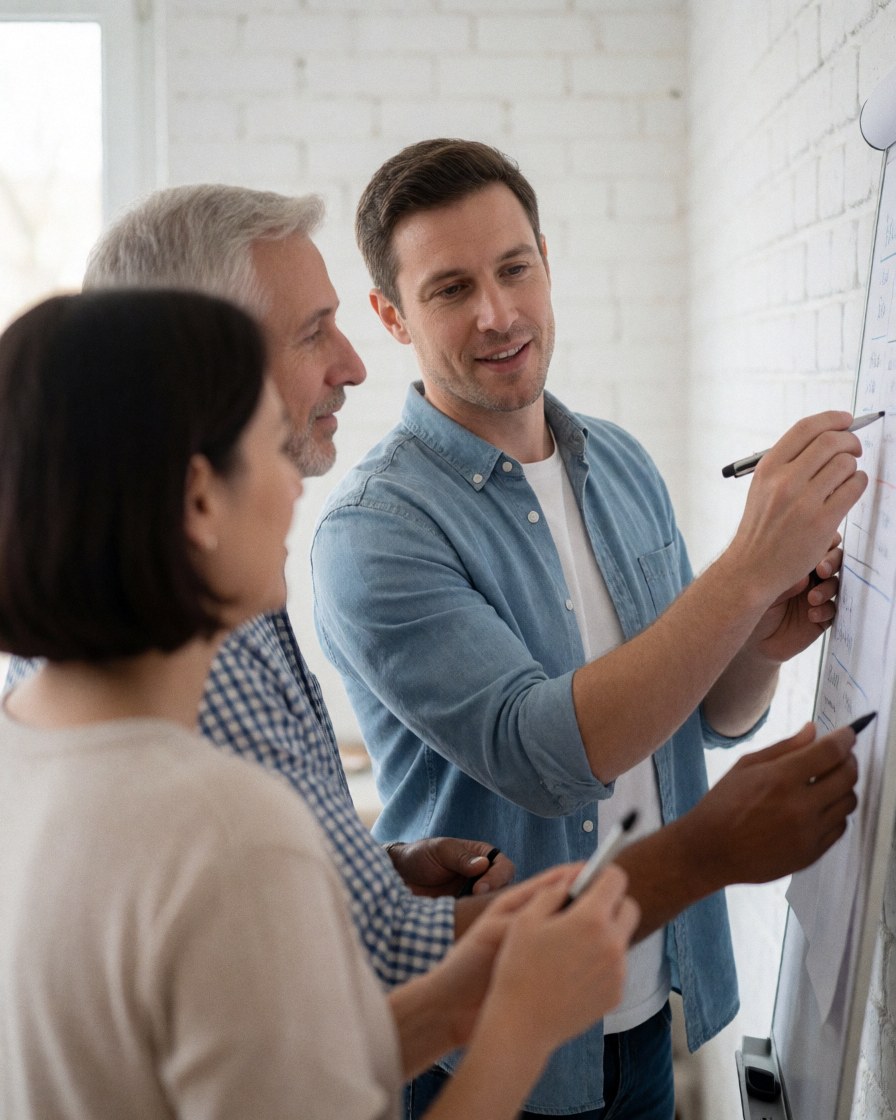 Three people working together on a whiteboard with markers in a modern office with white brick walls during a team planning meeting.