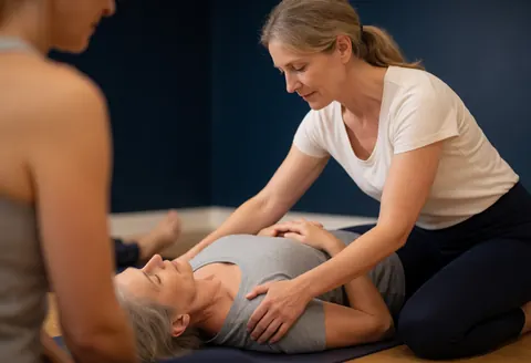 Female yoga instructor gently adjusting the posture of a client lying on a mat in a studio with blue walls.