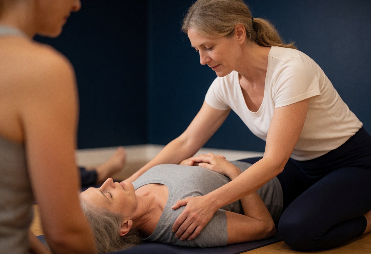 Female yoga instructor gently adjusting the posture of a client lying on a mat in a studio with blue walls.