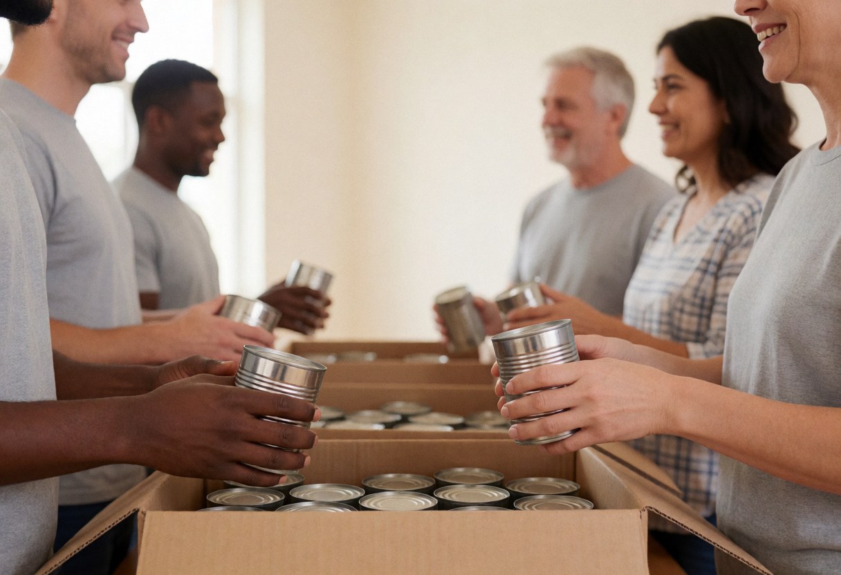 Smiling volunteers sorting canned food into cardboard boxes in a community hall with a warm atmosphere