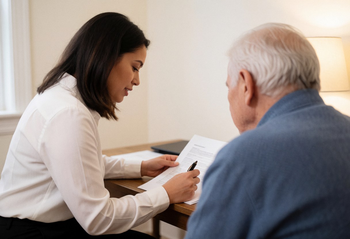A banker in a suit explains financial documents to a client at a desk in a home office setting, illustrating convenient banking services.