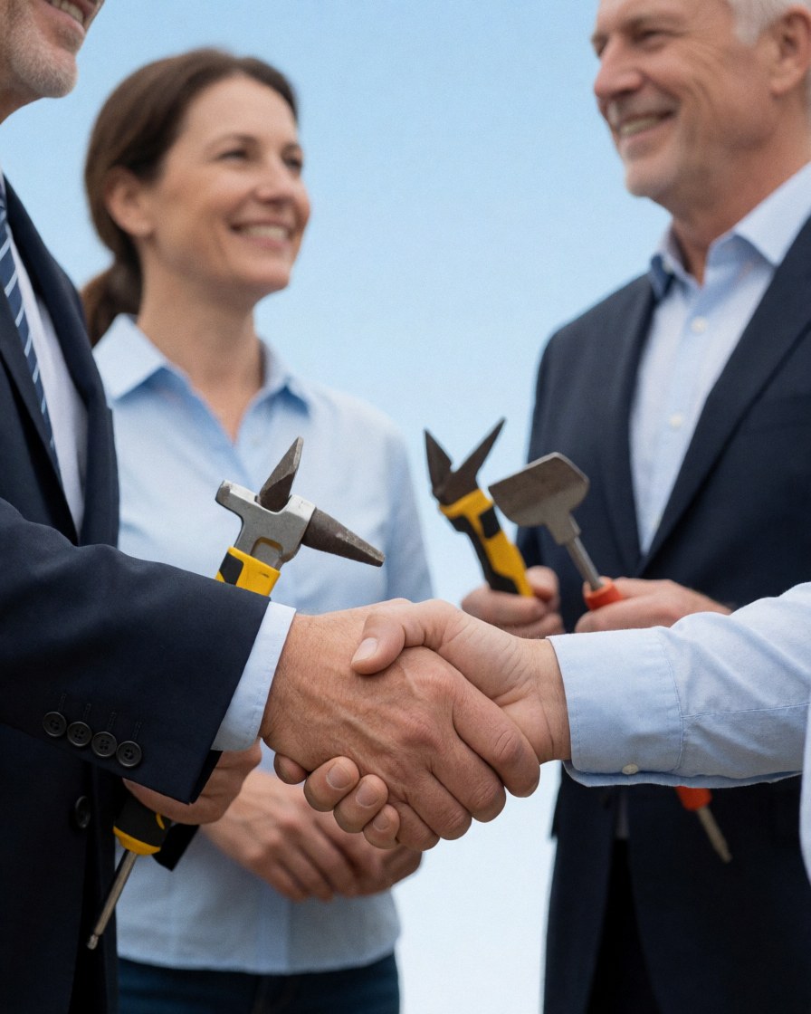 A smiling business owner and contractor shake hands while holding tools under a clear blue sky during an outdoor professional meeting