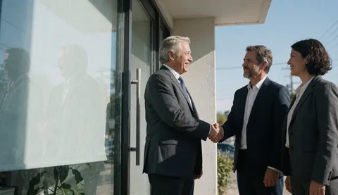 Three professionals in suits shaking hands outside a modern bank entrance under a blue sky, symbolizing trust and collaboration.