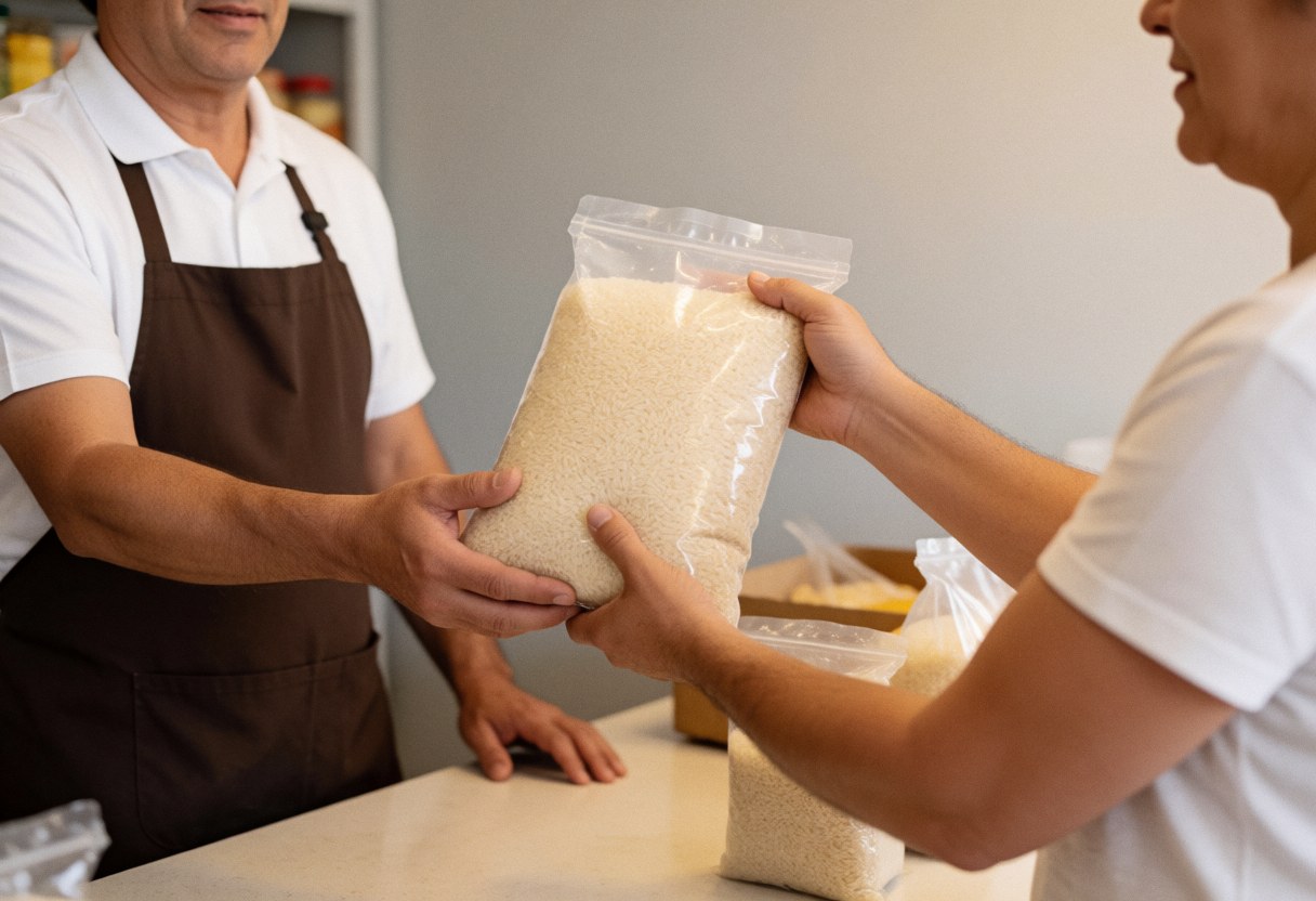 A store clerk hands a large bag of rice to a customer in a minimarket, showing hands and product against a light gray wall.