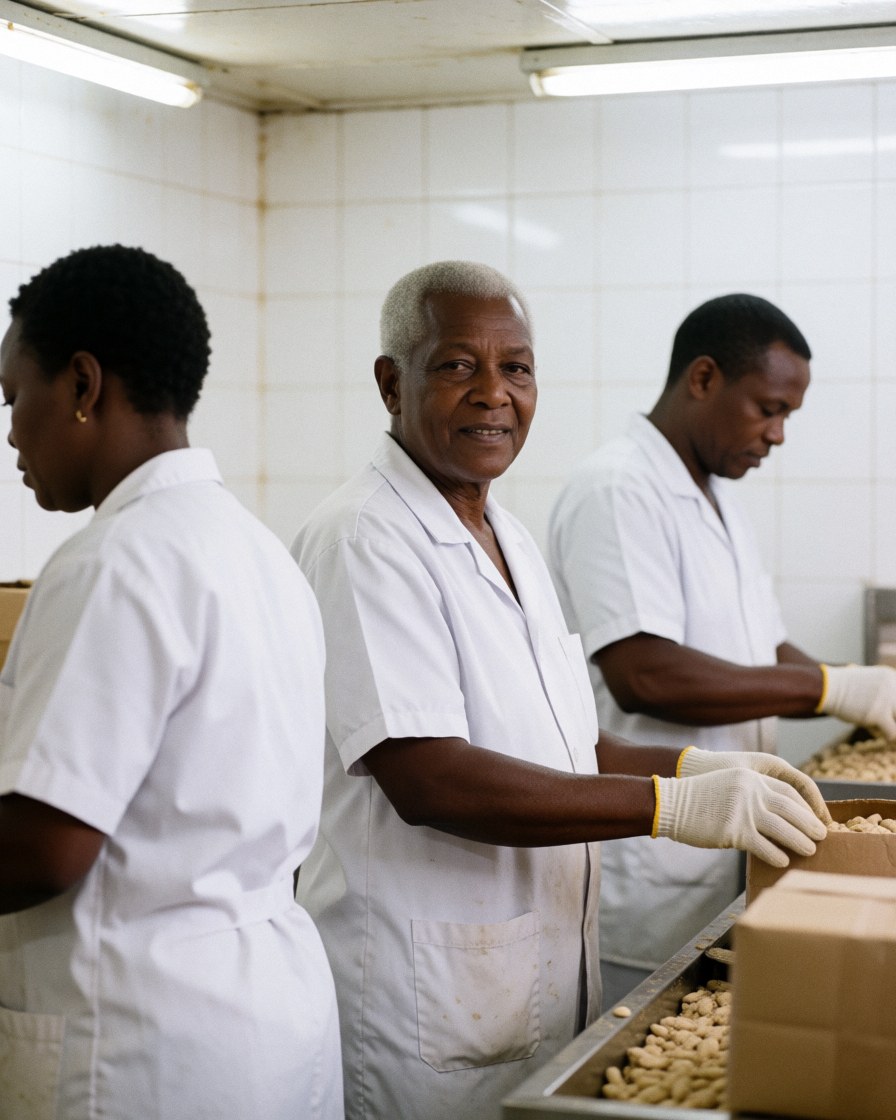 Three workers in white uniforms and gloves process cocoa beans on a production line in a factory with white tiled walls and fluorescent lighting