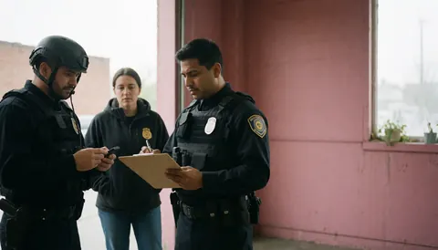 Three uniformed security officers inspect a building with pink walls. One writes on paper, another checks a phone, and the third observes.