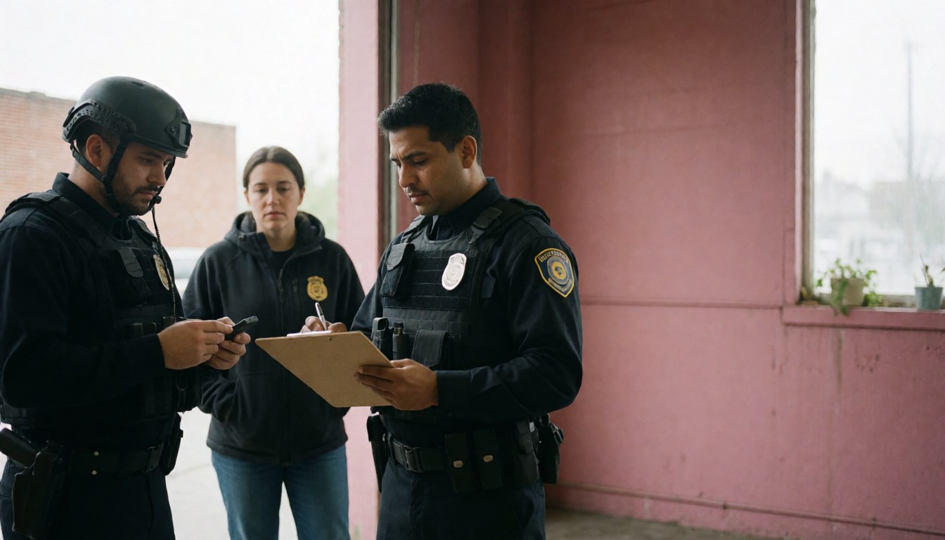 Three uniformed security officers inspect a building with pink walls. One writes on paper, another checks a phone, and the third observes.