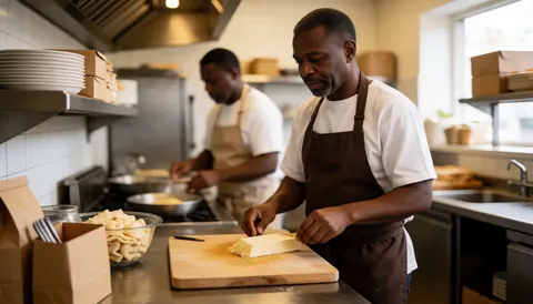 chef slicing cheese on wooden board in restaurant kitchen. another chef works in blurred background. professional and realistic restaurant cooking scene.