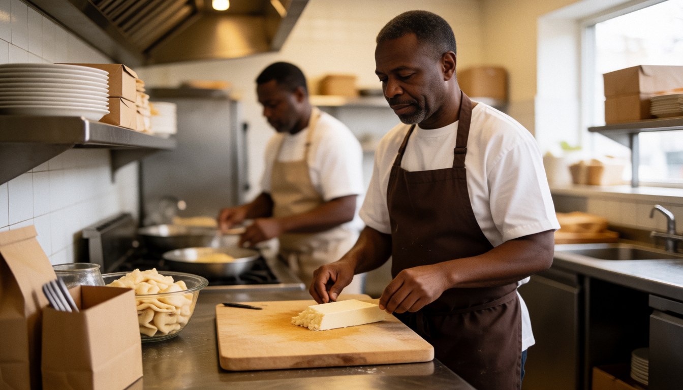 chef slicing cheese on wooden board in restaurant kitchen. another chef works in blurred background. professional and realistic restaurant cooking scene.