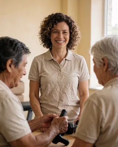 female trainer guiding clients through workout equipment in bright professional gym with beige walls and diverse age group exercising together