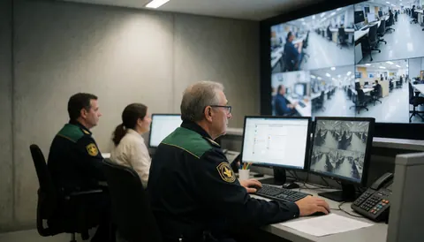 Three uniformed security staff members working at a control desk with multiple surveillance monitors in a professional concrete-walled room.