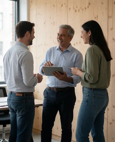 Three people in a travel meeting, reviewing a trip itinerary on a tablet, smiling in a wood-paneled office.