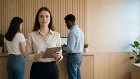 Woman holding a tablet in a modern office with wood walls and colleagues working in the background