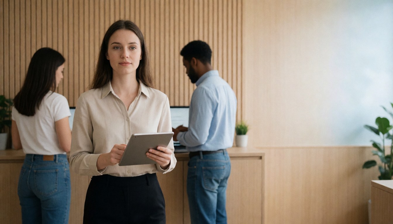 Woman holding a tablet in a modern office with wood walls and colleagues working in the background