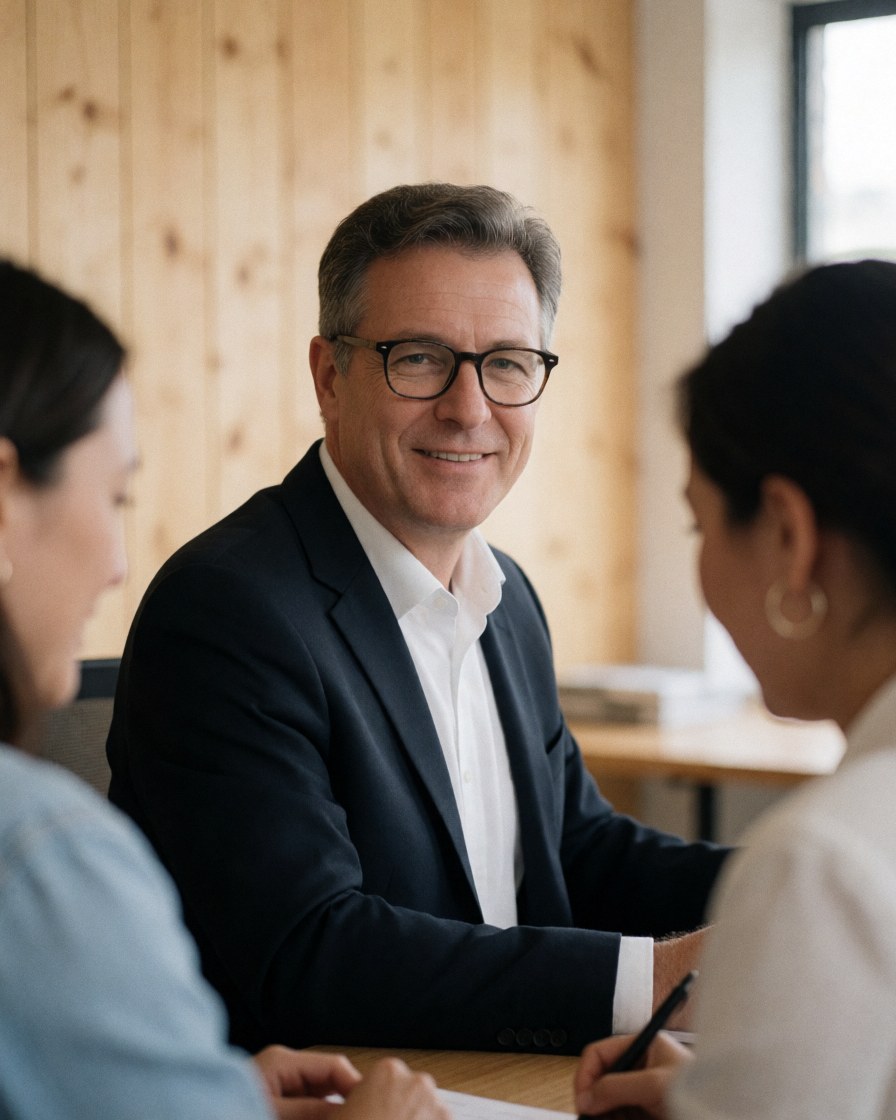 A male recruiter wearing glasses and a suit sits at a wooden table with two candidates during a professional job interview in a bright office.