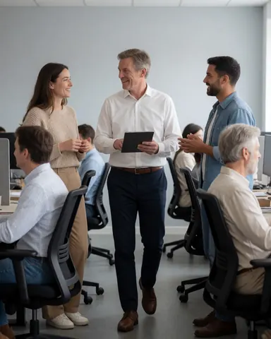 manager walking through modern office holding tablet, interacting with seated and standing employees in collaborative and dynamic work environment.