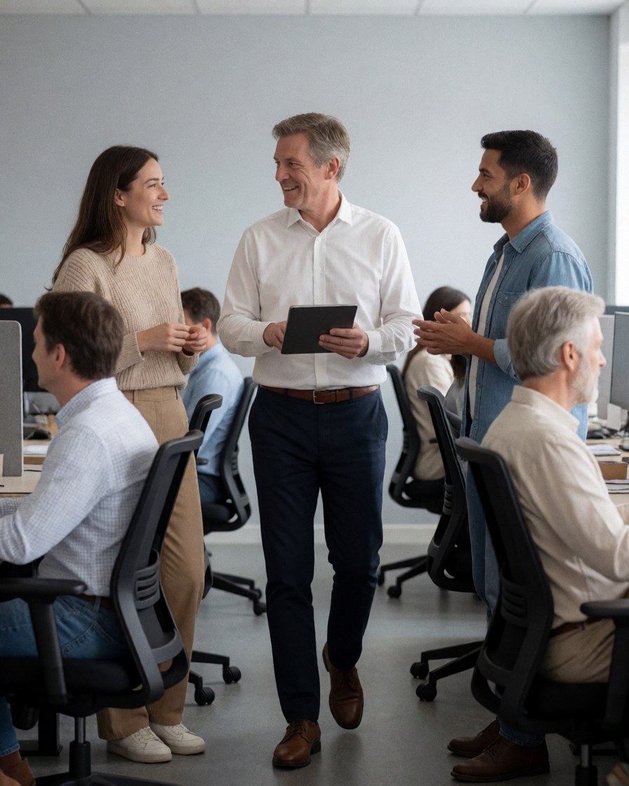 manager walking through modern office holding tablet, interacting with seated and standing employees in collaborative and dynamic work environment.