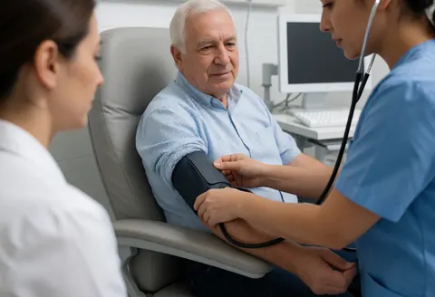 Nurse using sphygmomanometer and stethoscope to check blood pressure of seated patient in clinic. Monitor and computer visible in background. Clean, professional setting.