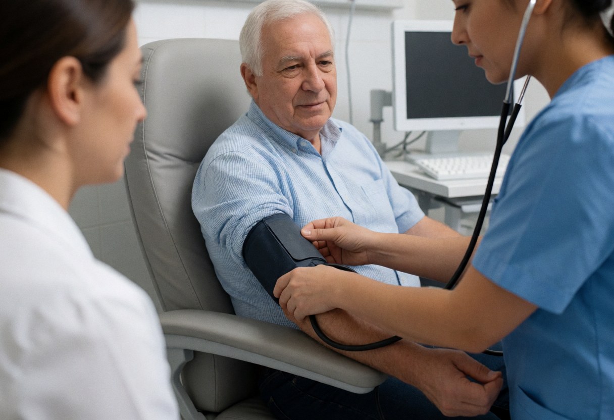 Nurse using sphygmomanometer and stethoscope to check blood pressure of seated patient in clinic. Monitor and computer visible in background. Clean, professional setting.