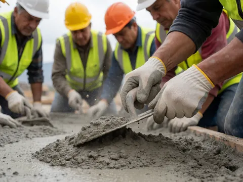 Gloved hands operating a concrete mixer on a construction site with workers in the background and dust in the air